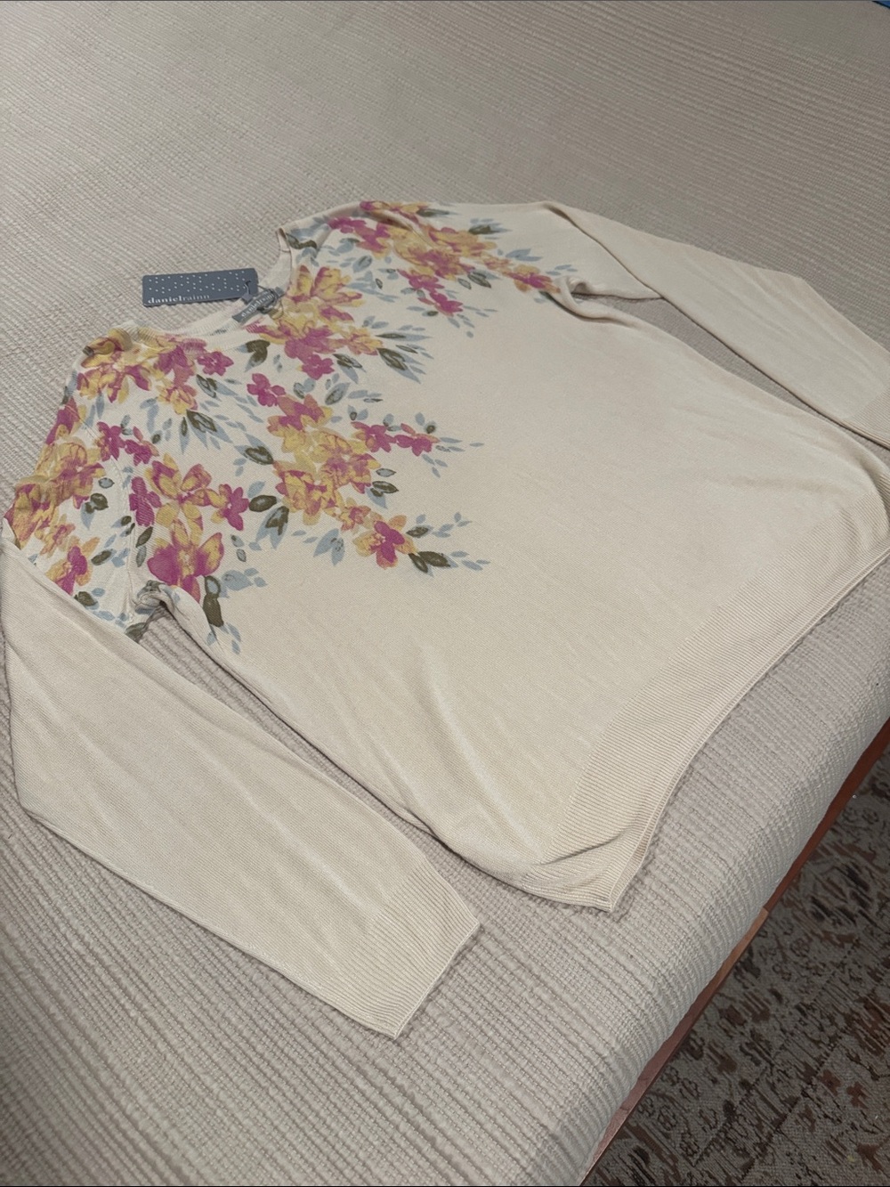 Daniel Rainn Cream Crewneck Sweater with Cascading Pastel Floral Design